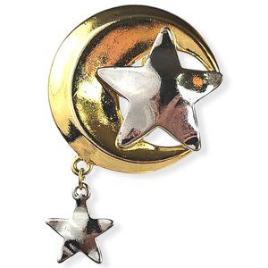 Vintage Brooch Pin Moon Star Gold and Silver Tone